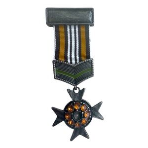 Vintage | Maltese Cross Medal Brooch | Orange Rhinestones | Stripes |Pin Closure